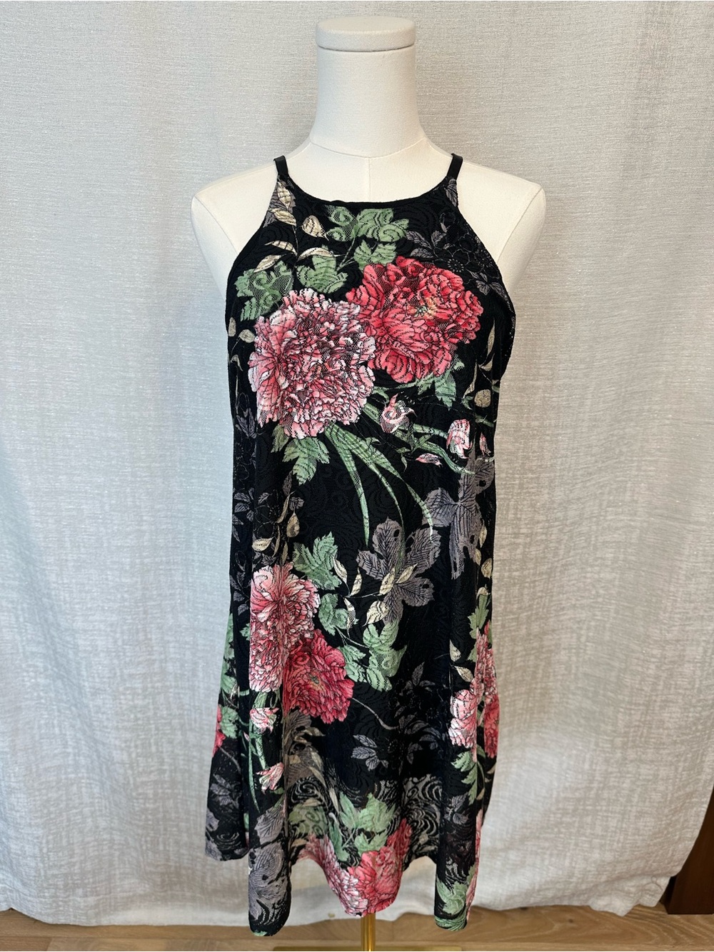 Coco & Main Boho Black Floral Halter Mini Dress with Pink & Green Blooms